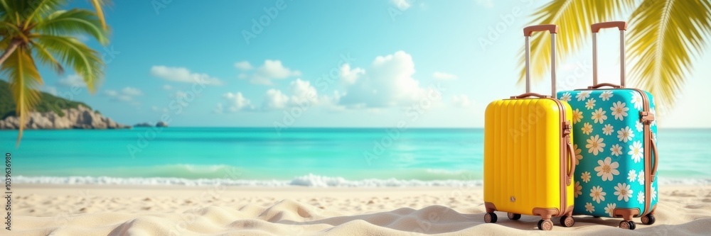 Vibrant travel scene featuring colorful suitcases on a sunny beach, perfect for showcasing vacation getaways, leisure activities, and airport adventures. Vibrant travel scene featuring colorful suitcases on a sunny beach, perfect for showcasing vacation getaways, leisure activities, and airport adventures.