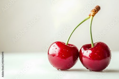 Two red cherries are shown with their stems still attached