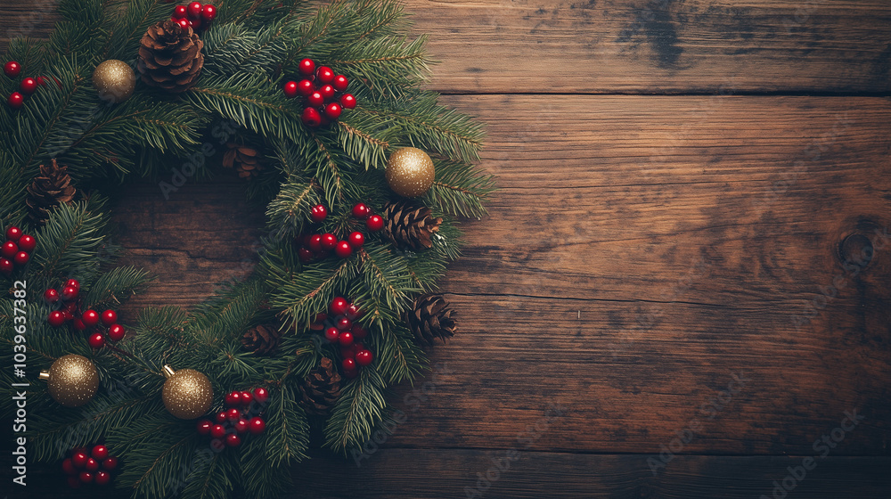 Rustic Christmas wreath with berries and pine cones on wooden background. Rustic Christmas wreath with berries and pine cones on wooden background.