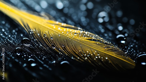  A close-up of a yellow feather, adorned with drops of water Repeated mention of feathers is redundant and can be omitted