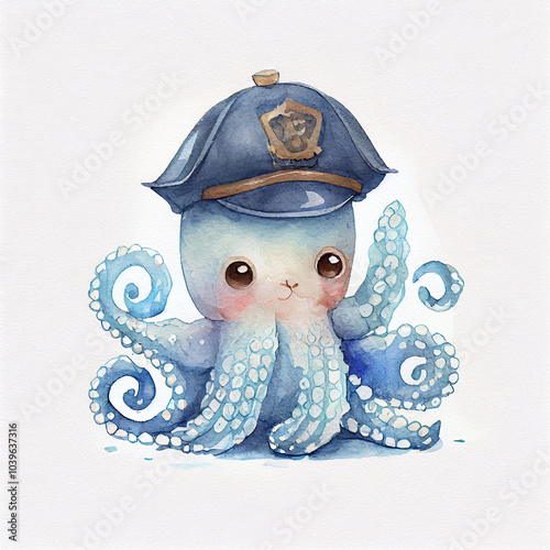 Adorable baby octopus dressed as an English policeman in a charming watercolor style adds a whimsical touch to this delightful illustration featuring maritime themes and playful creativity photo