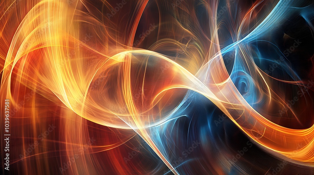 Abstract digital art with swirling waves of vibrant orange, yellow, and blue light against a dark background. Abstract digital art with swirling waves of vibrant orange, yellow, and blue light against a dark background.