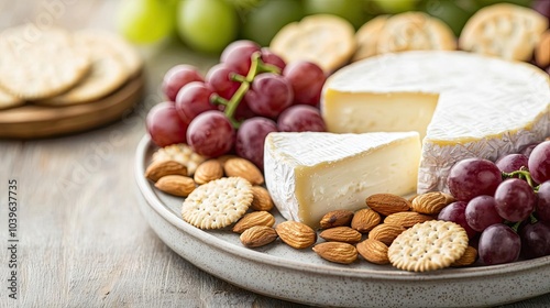 Cheese platter with grapes, almonds, and crackers on wooden table.