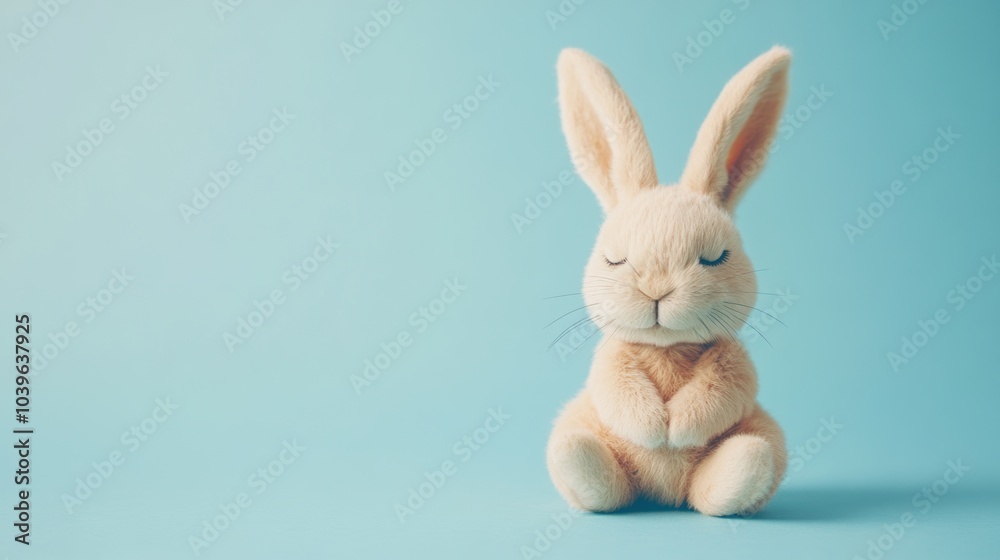 Stock minimalist photography of a happy bunny with closed eyes sitting on a pastel blue background with delicate shadows, creating a gentle and cheerful look Stock minimalist photography of a happy bunny with closed eyes sitting on a pastel blue background with delicate shadows, creating a gentle and cheerful look