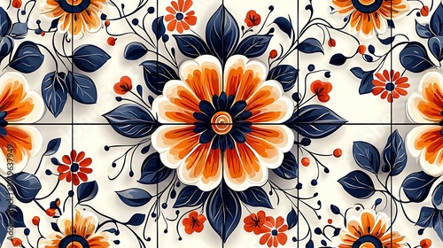 Vibrant Orange and Blue Floral Pattern Tile Design - Intricate Detail and Classic Style