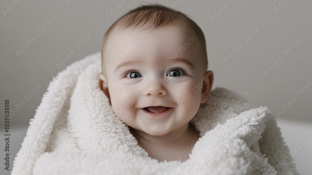 Portrait of a smiling baby boy wrapped in a soft, white furry blanket, exuding happiness after a bath. Portrait of a smiling baby boy wrapped in a soft, white furry blanket, exuding happiness after a bath.