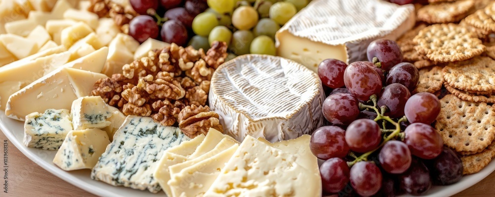 Cheese platter with assorted cheeses, grapes, nuts, and crackers on a white background. Cheese platter with assorted cheeses, grapes, nuts, and crackers on a white background.