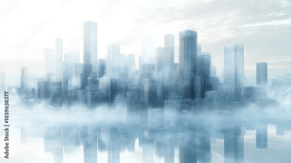 A foggy urban skyline reflected in water, evoking a serene atmosphere. A foggy urban skyline reflected in water, evoking a serene atmosphere.