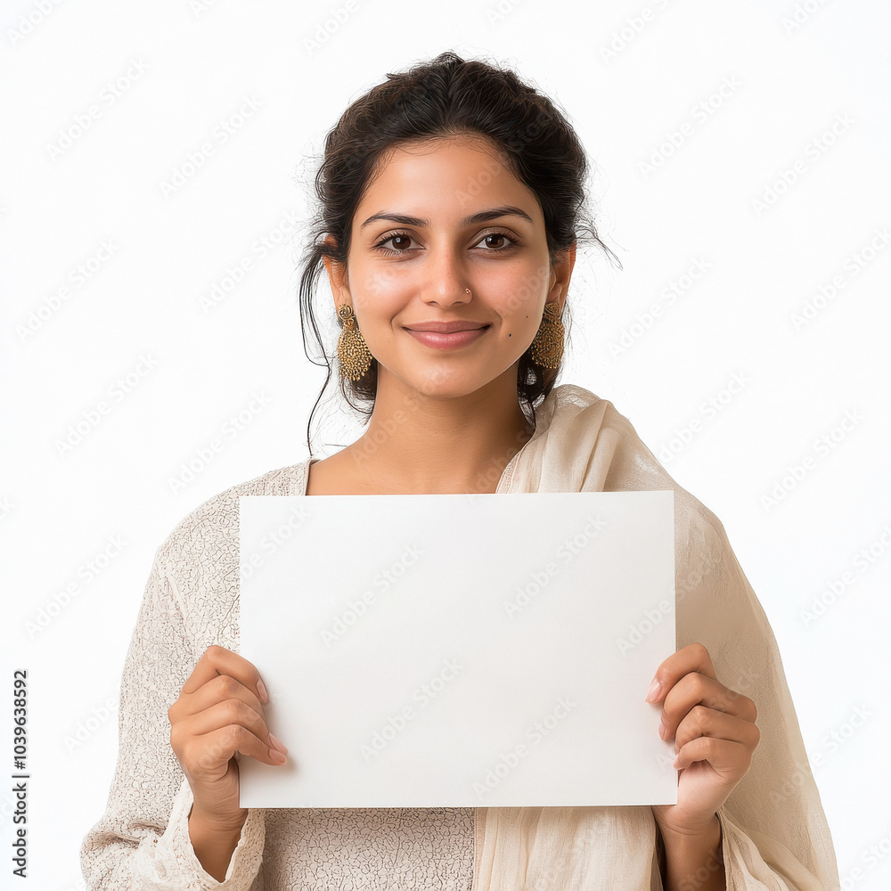 Indian woman holding a blank placard white, white Background, Indian woman holding a blank placard white, white Background,