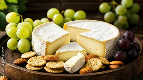 Delicious cheese platter with grapes, nuts, and crackers on a wooden board.