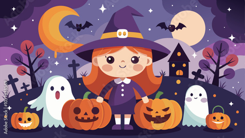 Cute Halloween Witch with Pumpkins and Ghosts Illustration background
