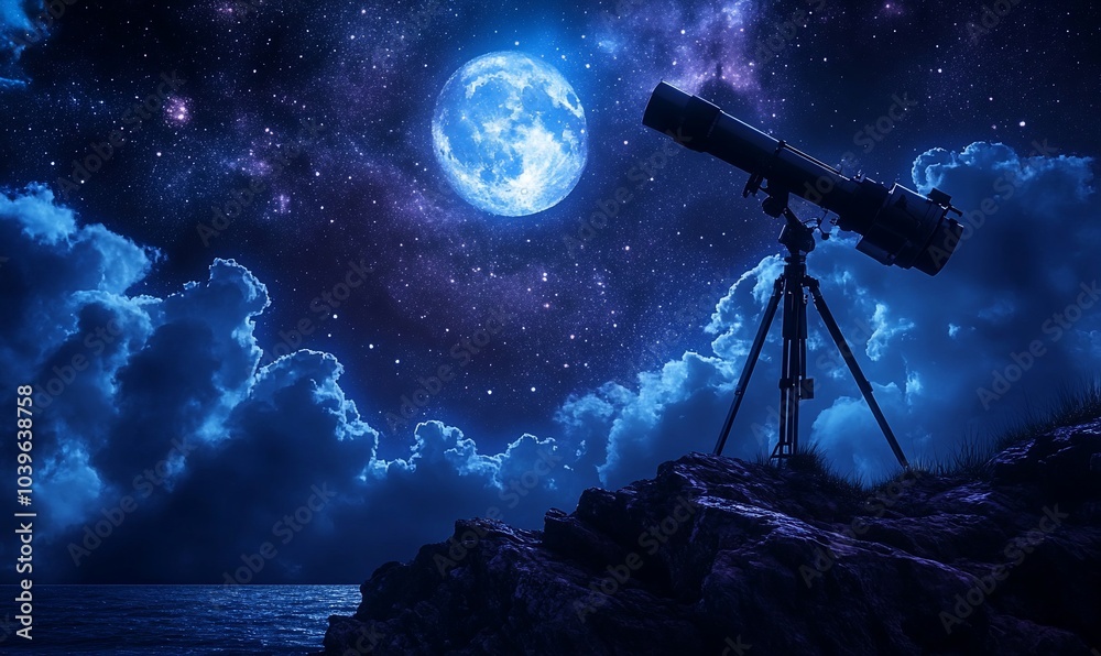 A telescope on a rocky cliff overlooking the ocean, pointed at a large, full moon in a night sky filled with stars. A telescope on a rocky cliff overlooking the ocean, pointed at a large, full moon in a night sky filled with stars.
