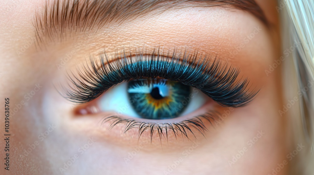 Close-up of blue eye with long eyelashes and makeup detail Close-up of blue eye with long eyelashes and makeup detail