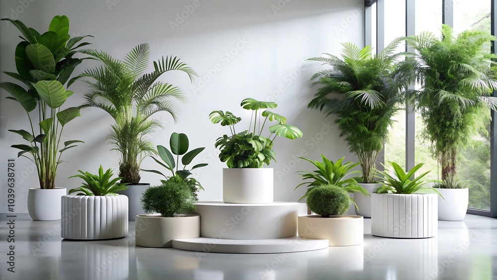 A glossy white cylinder podium with potted green plants surrounding it, ideal for fresh and minimalist displays. A glossy white cylinder podium with potted green plants surrounding it, ideal for fresh and minimalist displays.