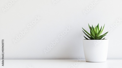 Empty workplace with a white desk and succulent plant in the foreground, minimal background with ample copy space.