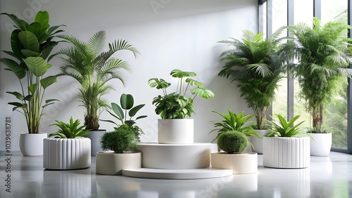 A glossy white cylinder podium with potted green plants surrounding it, ideal for fresh and minimalist displays.