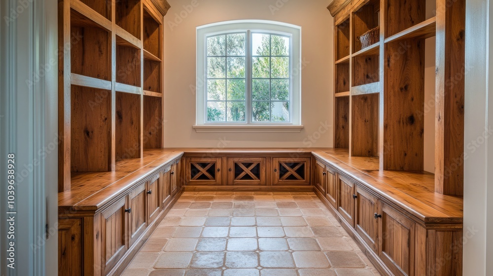 A stylish Mediterranean mudroom with built-in wooden benches A stylish Mediterranean mudroom with built-in wooden benches