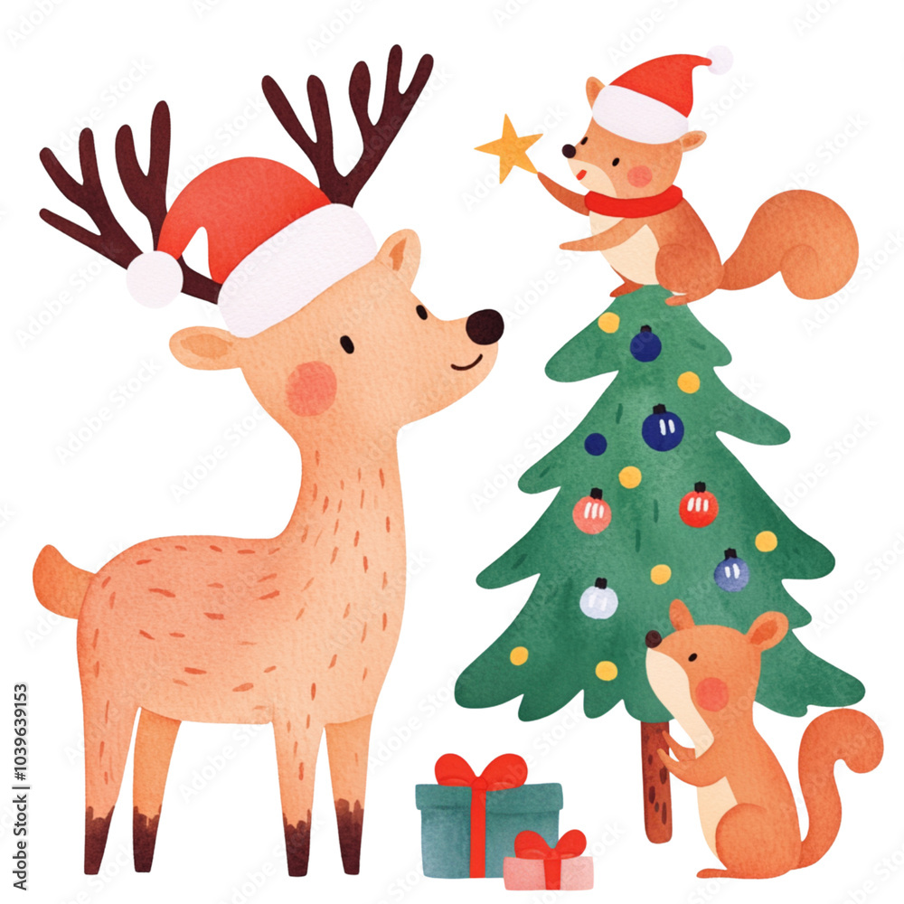 Deer with Squirrels Decorating Tree Clipart - Christmas in the Evergreen Forest Deer with Squirrels Decorating Tree Clipart - Christmas in the Evergreen Forest