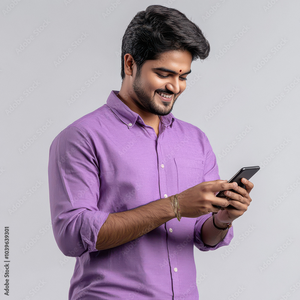 young indian man using smartphone on white background young indian man using smartphone on white background