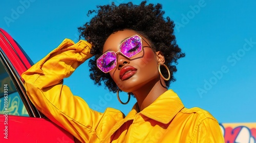 Fashionable young woman posing outdoors in vibrant attire and stylish sunglasses.