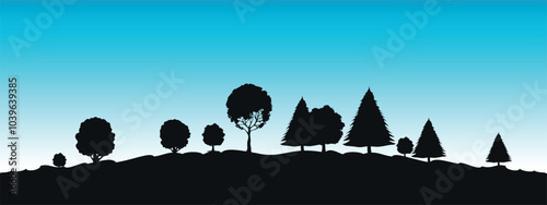 Black silhouettes of Black silhouettes of forest trees are located on a hill  against the blue sky. Forest landscape. Vector