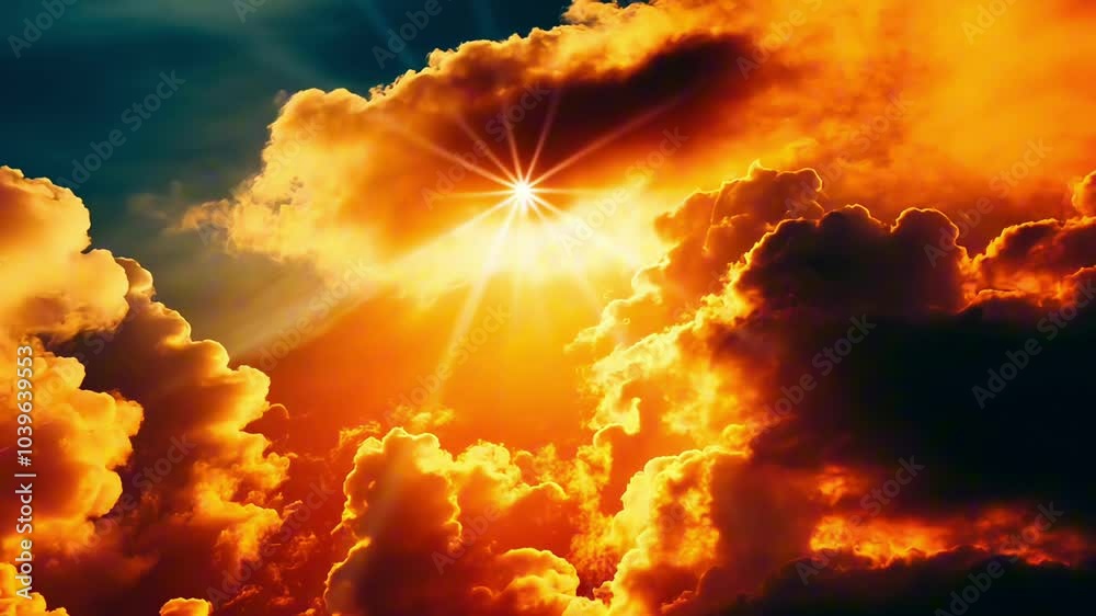 Fiery orange fluffy clouds with the sun shining through dynamic motion nature background.