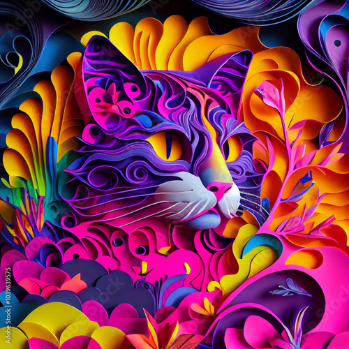 Colorful paper art with an abstract cat featuring vivid, swirling patterns and vibrant hues of pink, purple, yellow, and blue