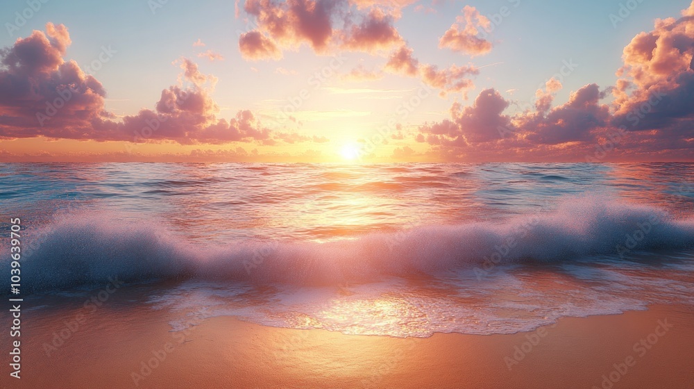 Fototapeta premium Serene sunset over ocean waves, evoking tranquility and beauty.