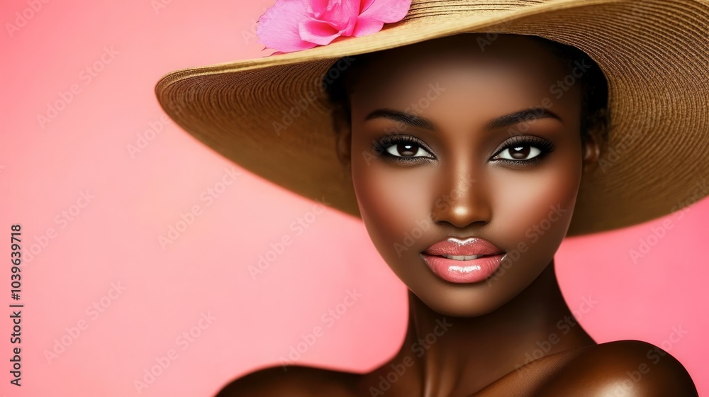 A woman in focus, donning a hat adorned with a flower, against a soft pink backdrop A woman in focus, donning a hat adorned with a flower, against a soft pink backdrop