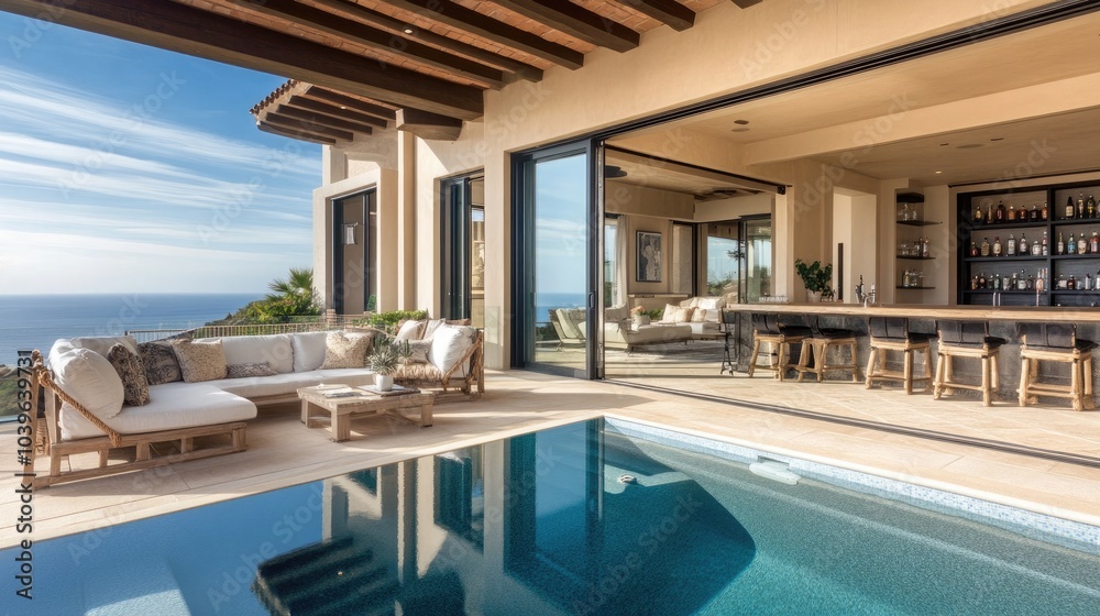 Fototapeta premium A stylish Mediterranean pool house with comfortable seating