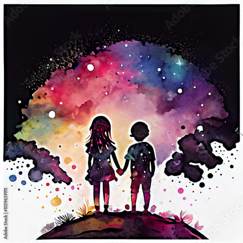 Two children holding hands stand on a colorful cosmic landscape, symbolizing friendship and imagination