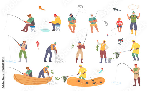 Fisherman using rod and angler catching fish enjoying hobby and relaxation set. Male characters on lake shore, fishing in ice hole, swimming on wooden or inflatable boat vector illustration