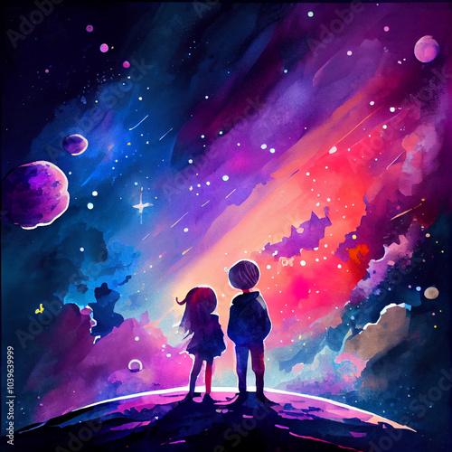 A little boy and girl standing together on the edge of the universe, gazing into the colorful cosmos filled with stars and planets