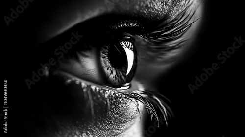  A tight shot of an eye, its iris depicted in contrasting black and white from a black-and-white photograph