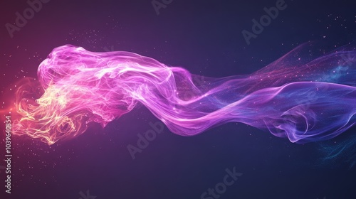  A black backdrop hosts a swirling purple-pink smoke, complemented by red and blue twirls on its left side photo