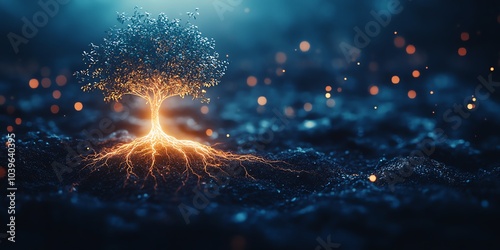 Wallpaper Mural A glowing tree with roots emanating from its base, standing on a dark blue background with light bokeh. Torontodigital.ca
