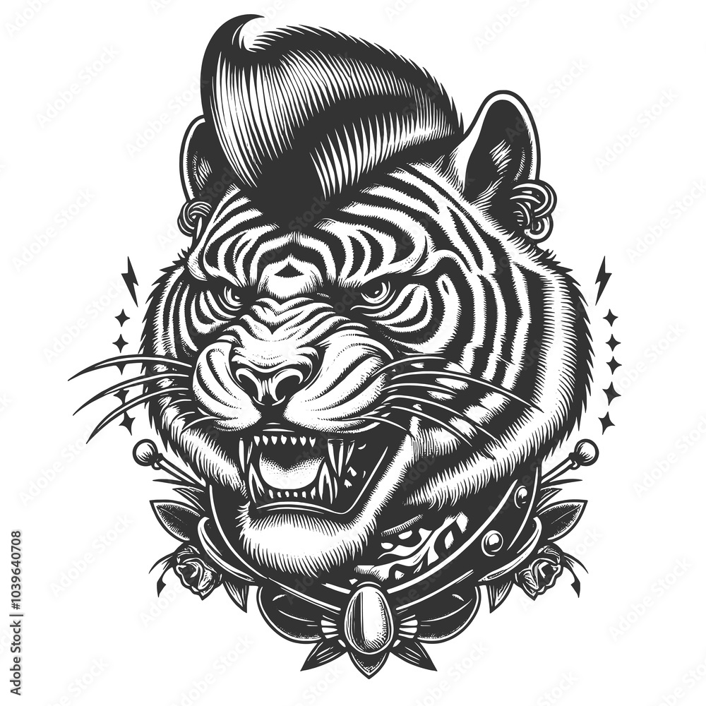 Roaring tiger with a punk-style hairdo and fierce expression, designed in retro tattoo style. sketch engraving generative ai raster illustration. Scratch board imitation. Black and white image. Roaring tiger with a punk-style hairdo and fierce expression, designed in retro tattoo style. sketch engraving generative ai raster illustration. Scratch board imitation. Black and white image.