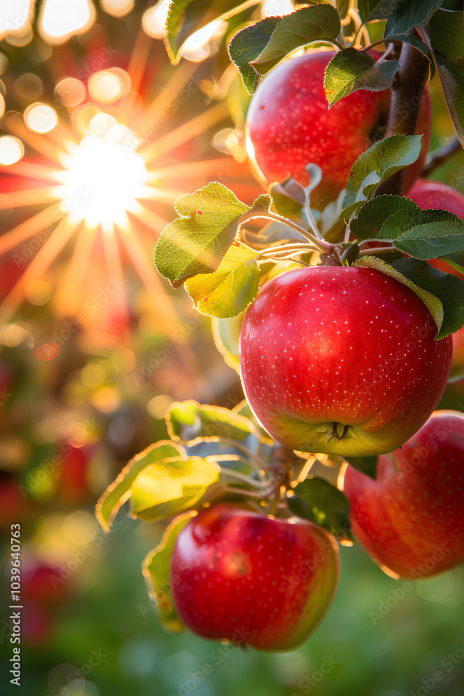 Bunch of red apples hanging from a tree in the sun Bunch of red apples hanging from a tree in the sun