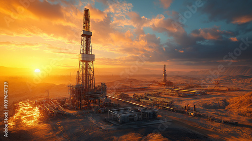 A sunset over a desert with a large oil rig in the foreground