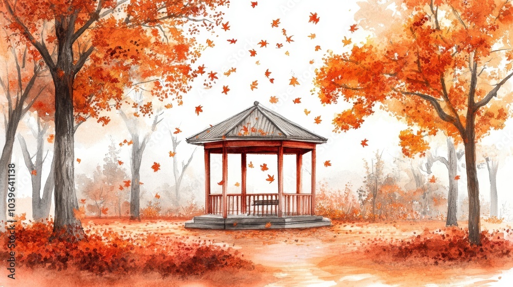 Serene Autumn Scene with Gazebo and Falling Leaves Serene Autumn Scene with Gazebo and Falling Leaves