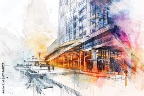 Modern architecture building background. Line and watercolor painting