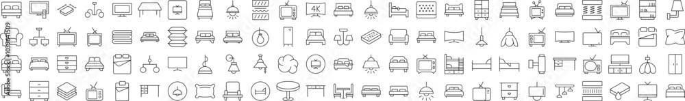 Table, Closet, Chandelier, TV Set, Mattress Line Icon Collection. Editable Stroke. Perfect for Infographics, Articles, Books, Flyers, Banners Table, Closet, Chandelier, TV Set, Mattress Line Icon Collection. Editable Stroke. Perfect for Infographics, Articles, Books, Flyers, Banners
