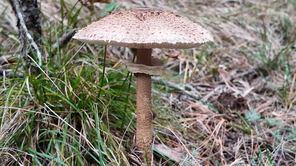 A large mushroom growing in a forest setting symbolizes nature and autumn harvest festivals A large mushroom growing in a forest setting symbolizes nature and autumn harvest festivals