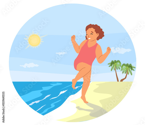 Preteen girl child suffering from aquaphobia vector illustration. Little kid feeling fear standing on sand beach front of sea or river waves