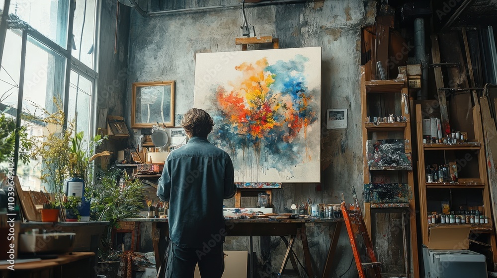 Artist Creating Colorful Abstract Painting in Studio Artist Creating Colorful Abstract Painting in Studio