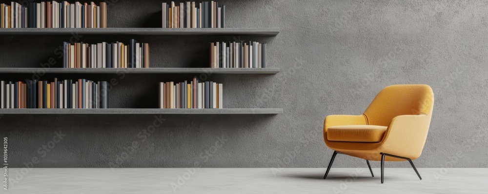 Modern yellow armchair in minimalist library setting with gray walls and bookshelves for cozy reading nook inspiration Modern yellow armchair in minimalist library setting with gray walls and bookshelves for cozy reading nook inspiration