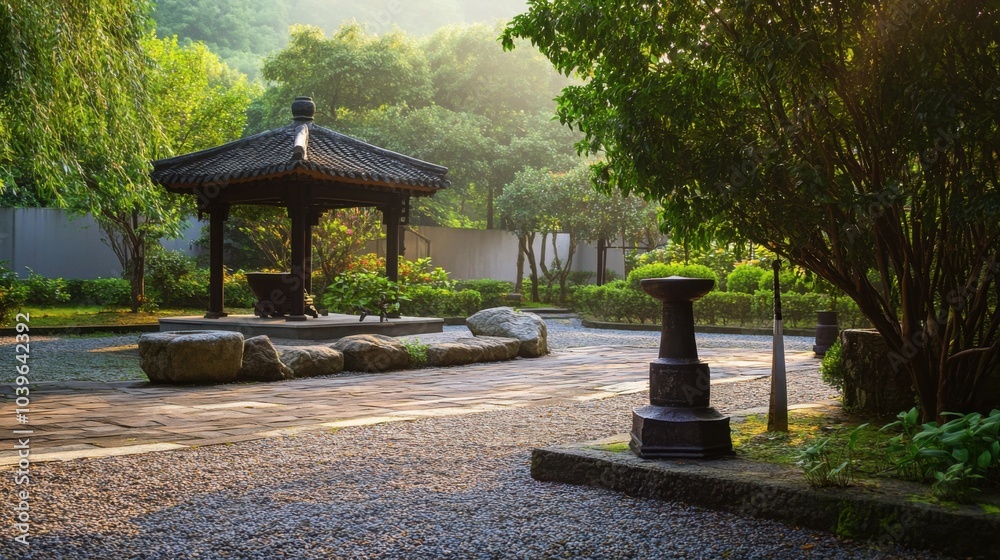 A tranquil tai chi garden with practice swords and peaceful ambiance, Martial arts meditation style, photo of A tranquil tai chi garden with practice swords and peaceful ambiance, Martial arts meditation style, photo of