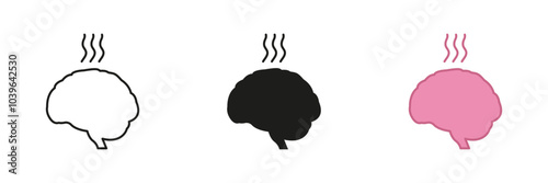 Mental Fatigue Sign. Burnout Brain Silhouette Icon Set. Hot Brain with Steam Symbolizing Exhaustion. Editable Stroke. Isolated Vector Illustration