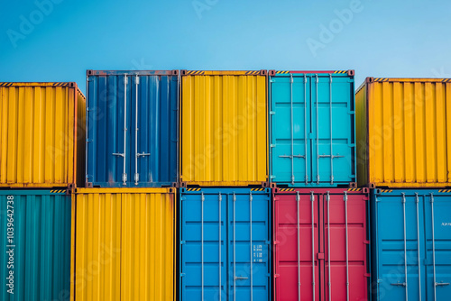 Colorful Shipping Containers Stacked Against Blue Sky