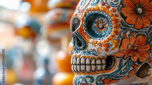 Detailed skull with vibrant floral patterns An intricately designed sugar skull, its face painted with vibrant floral and geometric patterns in bright orange, red, and blue hues.